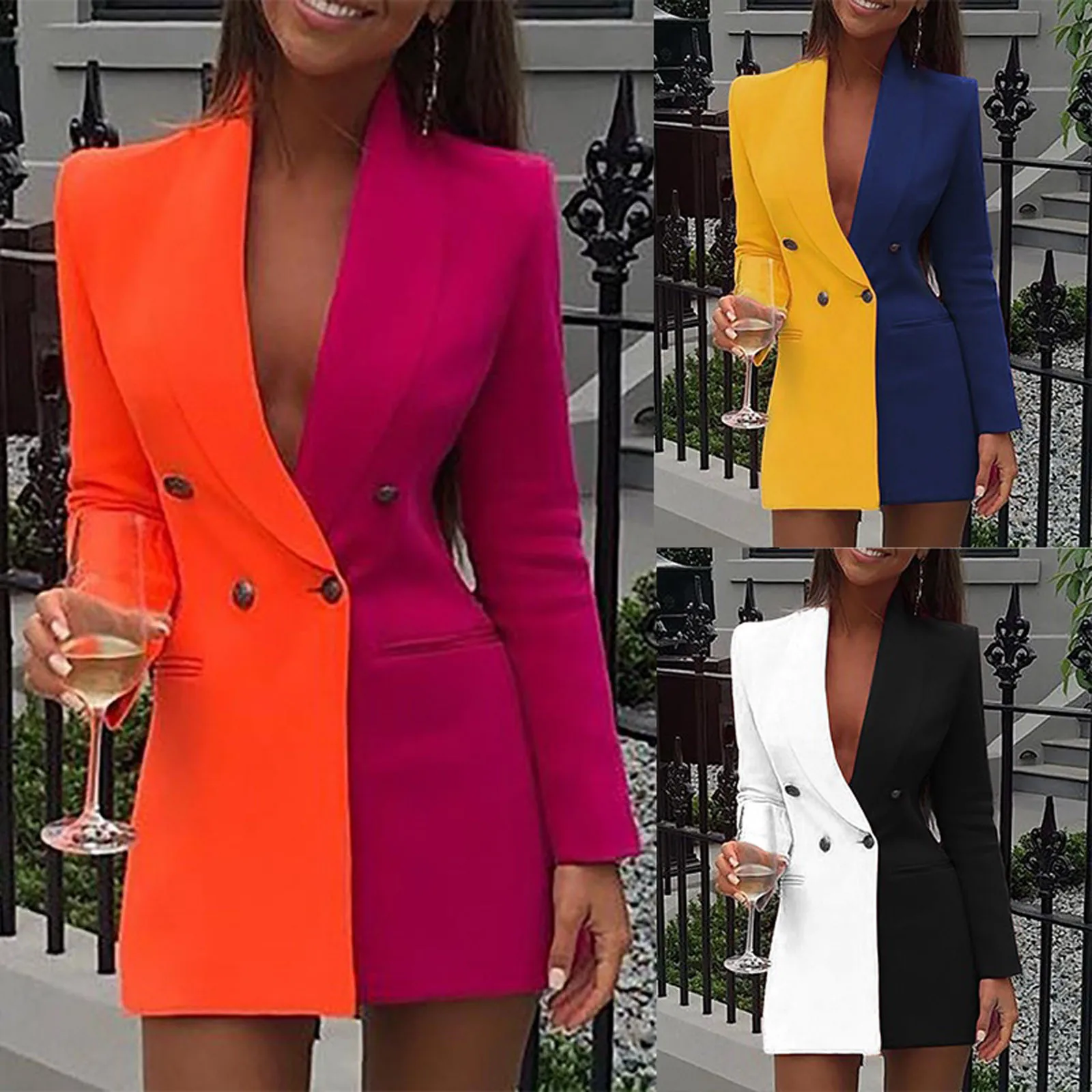 Woman's Fashion Colorblock Patchwork Long Sleeve V Neck Suit Dress Coat 1