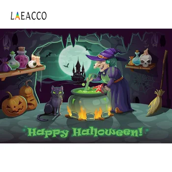 

Laeacco Halloween Background Photography Baby Cartoon Witch Castle Pumpkin Moon Party Child Photo Backdrop Photostudio Photocall