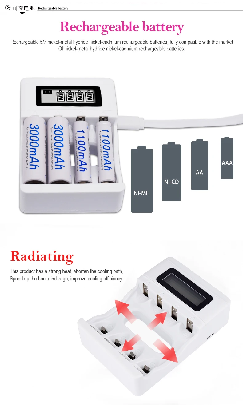 4 Slot Ulrea Fast Smart Intelligent Battery Usb Charger For 1.2V AA AAA NiCd NiMh Rechargeable Battery LCD Display Quick Charger usb shaver cable