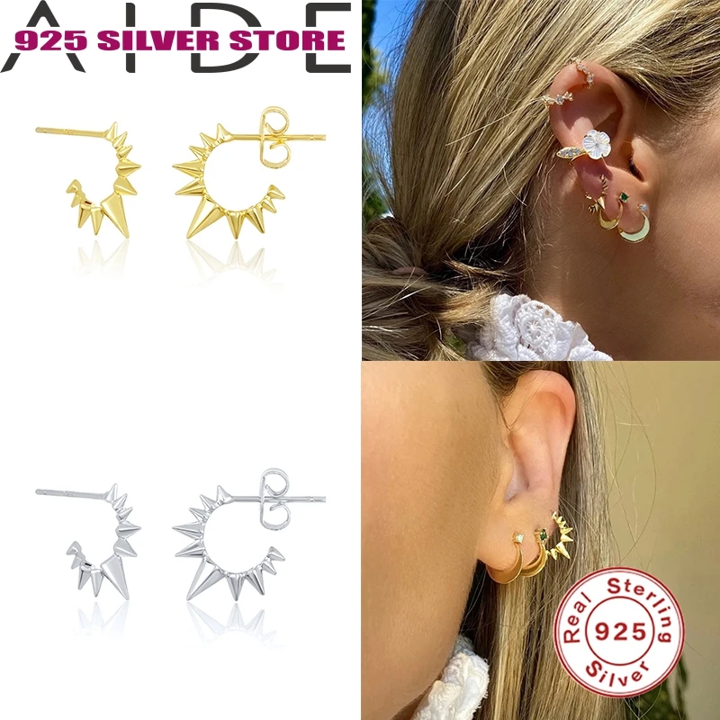 

Aide Spike Stud Earrings For Women 925 Sterling Silver Gold Earrings Semicircle Punk Rivet Fine Jewelry Piercing pendientes W4
