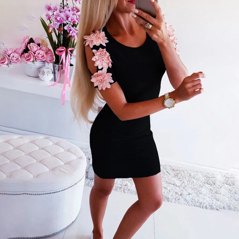 

Women Mini Dress O-Neck Short Sleeve ladies pencil dresses Flower Splice Sexy Slim Fit Fashion summer dress