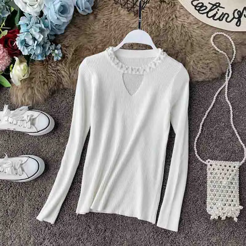 Günstig Women Sweater Autumn Winter Long sleeve O neck Beading knitted Sweater LADY Pullover High Elastic Slim Jumper Bottoming Tops