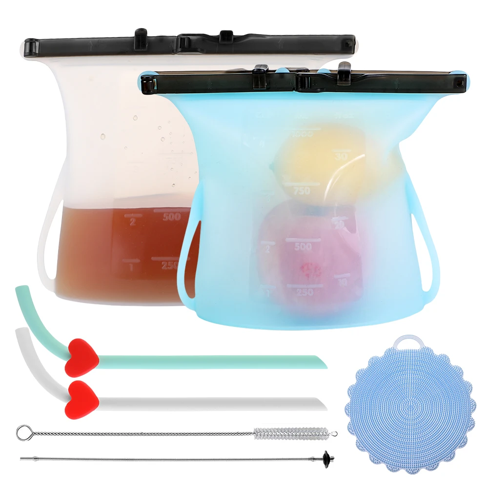 

4 Reusable Silicone Food Storage Preservation Bags+2pcs Brushes+2pcs Straws +1pcStraw Cleaning Tool