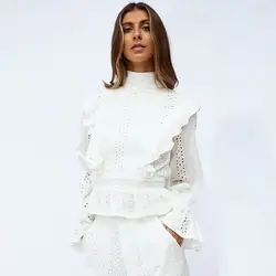 Элегантная кружевная женская блузка с открытой спиной, белая блузка с оборками, женские блузки 2019, Женские топы и блузки с длинным рукавом
