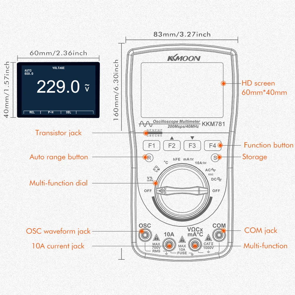 KKmoon 40 МГц 200 Мбит/с/S мультиметр Цифровой осциллограф Scopemeter 2-в-1 цифровой осциллограф OSC 6000 отсчетов True RMS