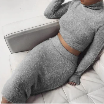 

Two Piece Set Women Sweater +Pencil Skirt Suit Long Sleeve Fleece Crop Tops Bodycon Skirt 2 Pieces Set Women Knitted Tracksuit