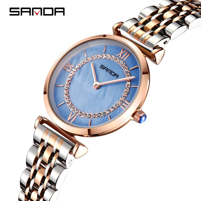 

[Dropshipping] Women Wristwatches SANDA P1011 Pearl Shell Watch Women Rose Gold Steel Fashion Brand Quartz Watch With Tool