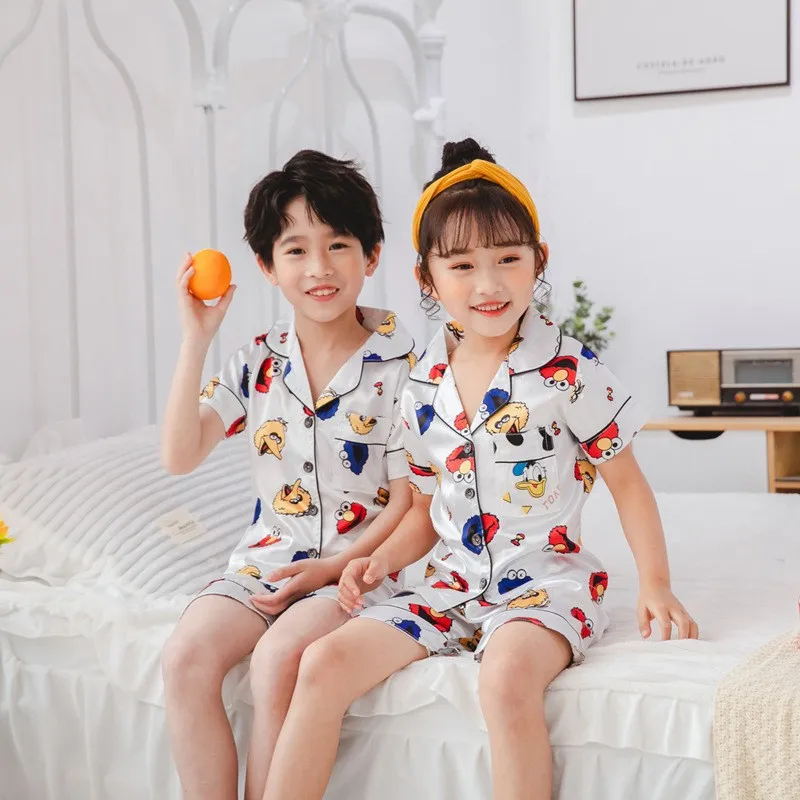Childrens Kids Pyjamas Silk Satin Tops Pant Spring Summer Short Sleeve Sleepwear Nightwear Girl Boy Pajama