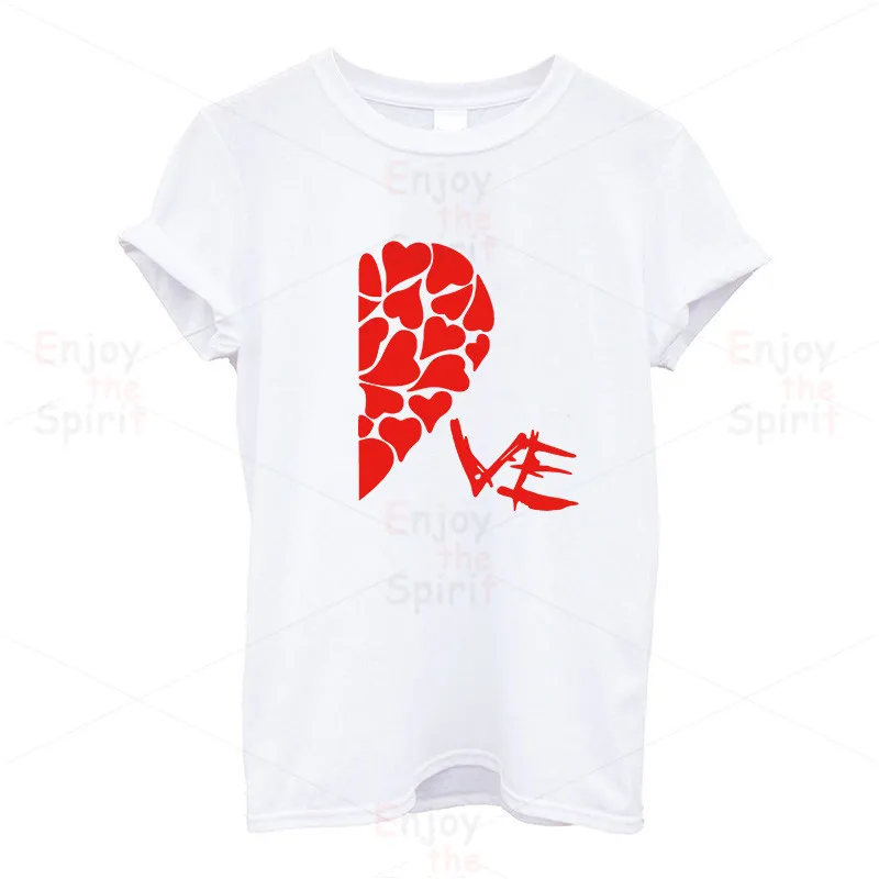 P915WWhite EnjoytheSpirit, новинка, летние забавные парные футболки, наполовину красное сердце, любовь, печать, хлопок, круглый вырез, футболки, крутая, короткий рукав, парная одежда - Цвет: P915WWhite