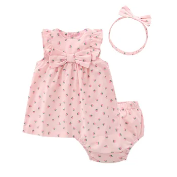 

Girls Princess Style Female Baby Flying Sleeve Skirt Three-piece Baby Out Clothes