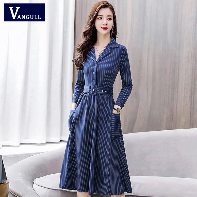 Vangull женское платье макси в полоску элегантное офисное с отложным воротником и