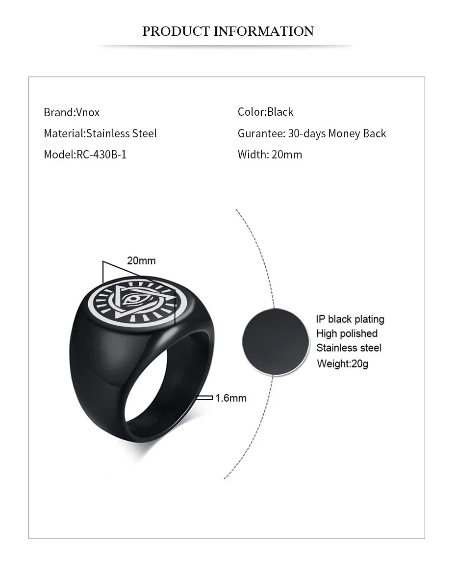 Vnox Всевидящее Око Нержавеющая сталь кольца для мужские черные Нержавеющая сталь не сужающийся книзу массивный Мужской Перстень кольцо в стиле панк; бижутерия