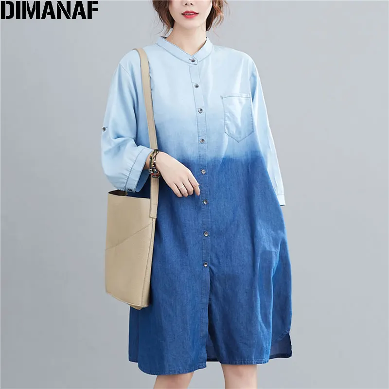 

DIMANAF Plus Size Women Dress 2020 New Vintage Denim Vestidos Show Thin O-Neck Mixed colors Dress Blue Casual Dress Clothing