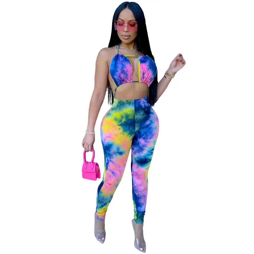 

Adogirl Sexy Women Halter Neck Open Back Tie Dye Print Jumpsuit Romper High Waist Bodycon Playsuit Party Club One Piece Bodysuit