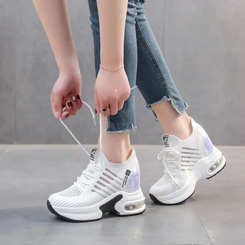 

Women White Sneakers Casual Vulcanize Shoes High Heel Platform Sneakers Summer Bling Socks Shoes Ladies Wedges Women Tines 2020