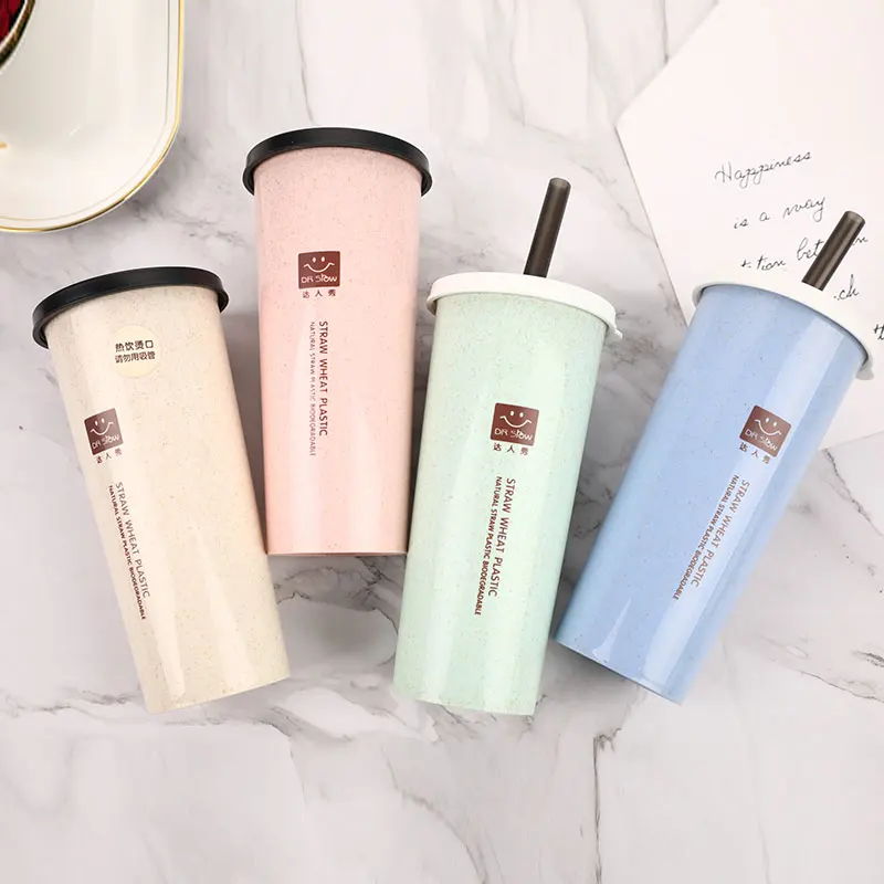 Cup Water Cup with Straws Double Lid Portable Hand Cup Wheat Straw Cola Coffee Plastic Travel Cup Drinking Cup Home Office Gifts