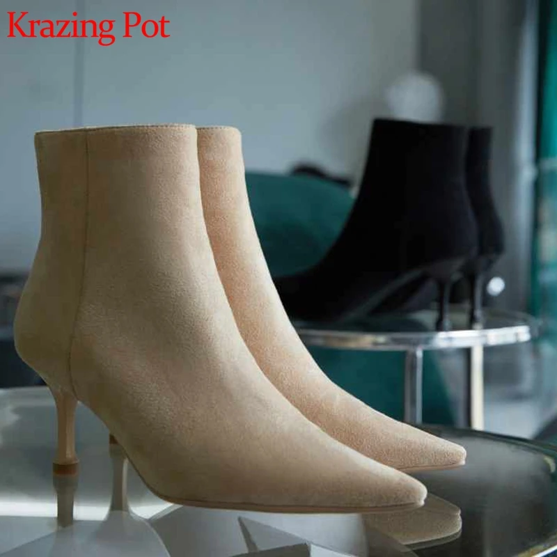 

krazing pot 2019 flock material zipper stiletto thin high heels solid pointed toe career catwalk model keep warm ankle boots l25