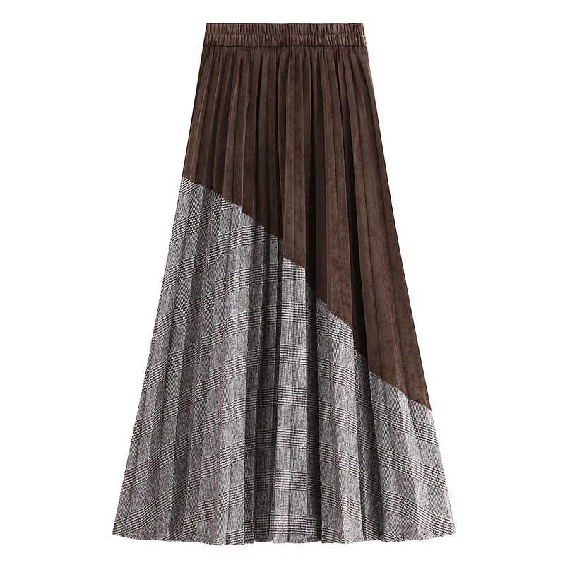 Хаки черный гибкий бархат Клетчатый Цвет Блок миди плиссированная линия Теплая Зимняя юбка для женщин женские юбки женские saia saias