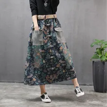 [EWQ] Новинка года; сезон весна-осень; однобортная винтажная джинсовая юбка в стиле пэчворк с высокой талией и принтом; модная женская юбка; AK33505