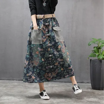

[EWQ] 2020 Spring Autumn New Pattern High Waist Print Patchwork Single Breasted Vintage Denim Skirt Women Fashion Tide AK33505