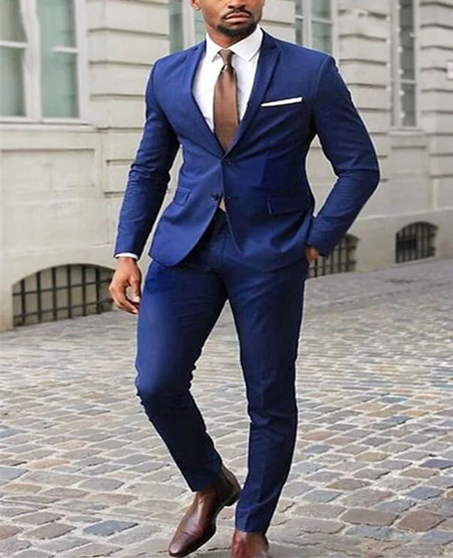 Trajes de boda para hombre, Blazer ajustado de larga, elegante, dos botones, color azul real, para fiesta de - AliExpress