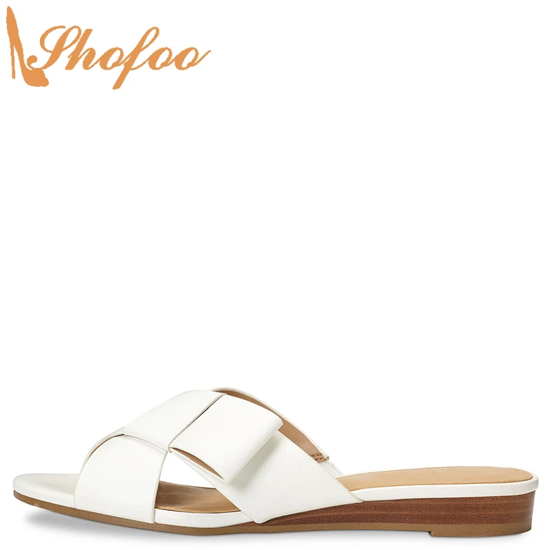 

White Low Flat Heels Sandals Woman Round Toe Slip On Cross Large Size 14 16 Ladies Summer Fashion Casual Mature Shoes Shofoo