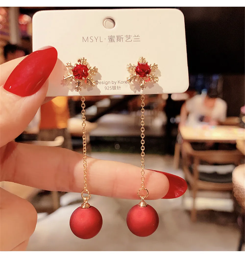 S925 Pin Long Tassel Simulated Red Pearl Drop Earrings For Women Gift Red Rhinestone Snowflake Earrings Золотой Серьги