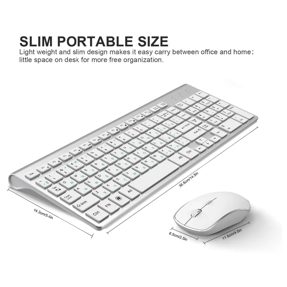 Teclado y ratón inalámbricos versión rusa, 2,4g, ergonomía, tamaño completo portátil, interfaz USB, blanco plateado de moda de alta gama - Imagen 2
