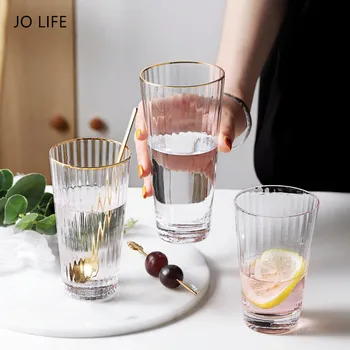 

JO LIFE Restaurant Bar Drink Mug Transparent Stripe Crystal Wine Glass Retro Gold Rim Water Cup