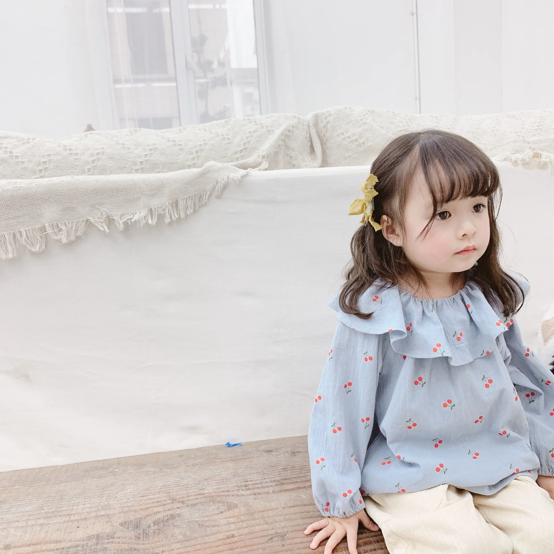 Осень детская одежда стиль в Корейском стиле для девочек-Стиль платье с вишневым принтом; большой Рубашка с отворотом 19024