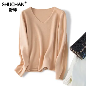 

Shuchan V-Neck Knit Sweater Women 100% Wool Basic Pullovers Casual Warm Autumn Winter Korean Sweater Solid Long Sleeve Red Camel