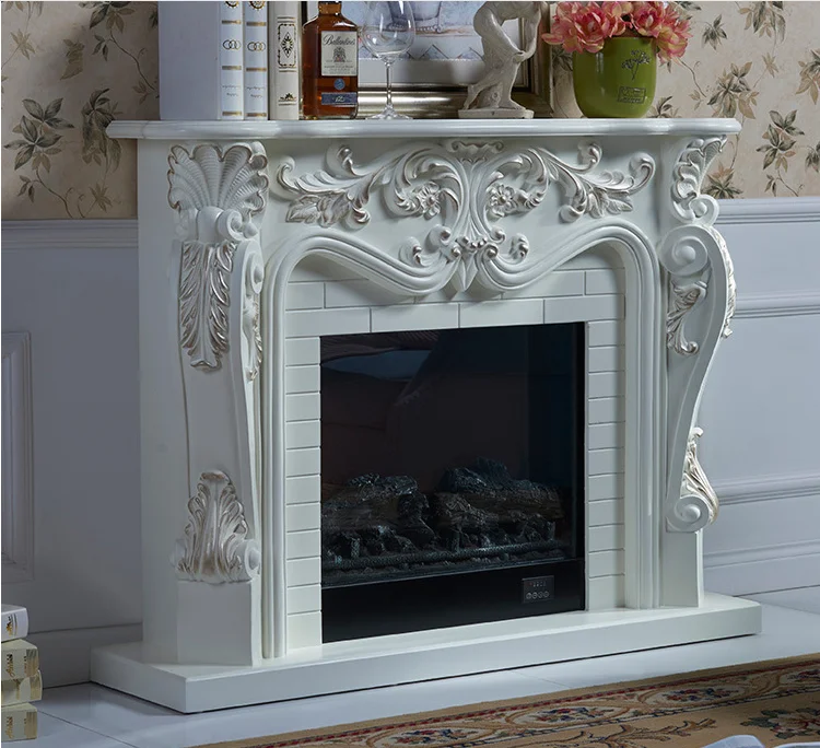 European Fireplace Set Carved Wood Mantel W120cm plus Electric Firebox Insert Living Room Decor LED Optical Flame Decoration