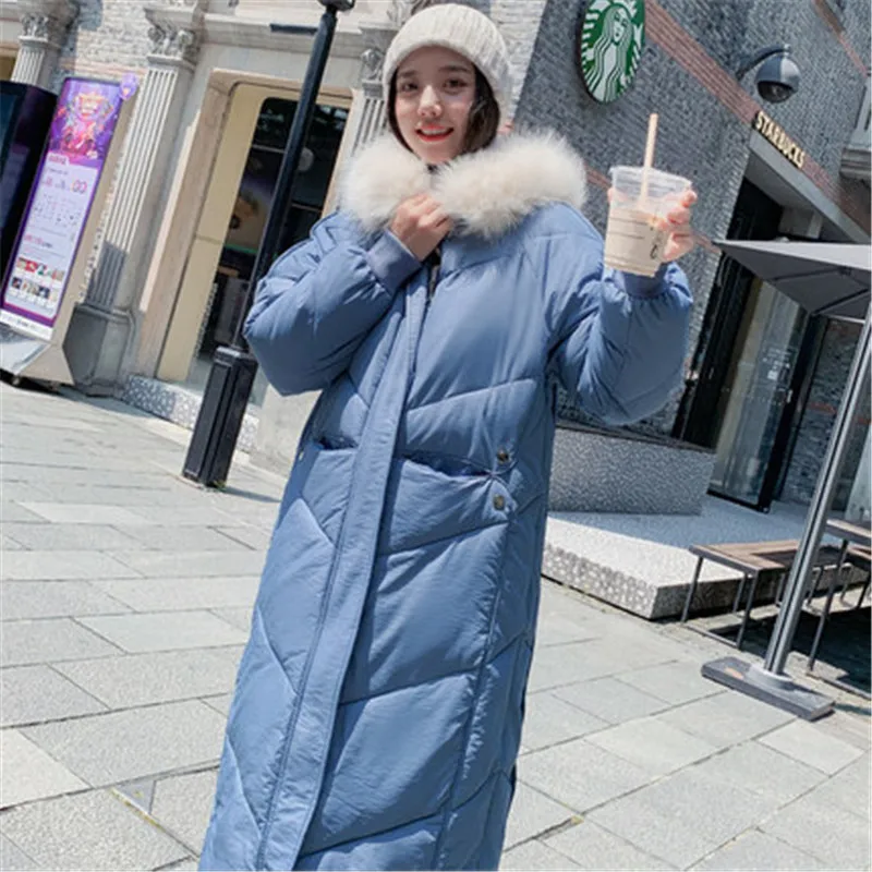 blue Новое модное зимнее пальто женское длинное утолщенное теплое пуховое пальто с капюшоном и меховым воротником Зимняя длинная парка пальто Верхняя одежда V1001 - Цвет: blue