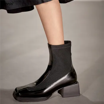 

ENNIS Black Chunky Boots Square Toe Ankle Boots Autumn Winter Slip On Stretch Fabric Boots Mid Heel Designer Ladies Shoes A0212