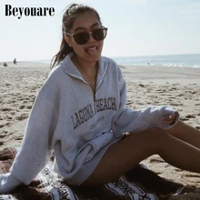 Beyouare Women Letter Embroidery Zipper Oversize Sweatshirts Long Sleeve Sport Casual Harajuku Outerwear 2021 Autumn Streetwear