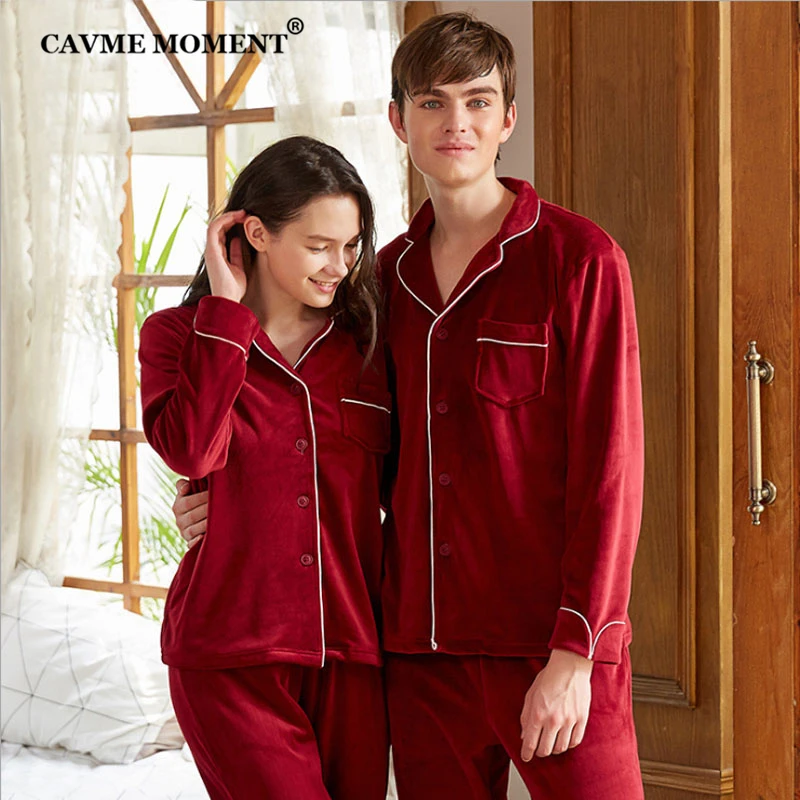 CAVME Flannel Pajama Sets for Lovers PLUS SIZE Homme Sleepwear 2 Pieces Full Pants Solid Color Pyama Set Elegant Nightwear
