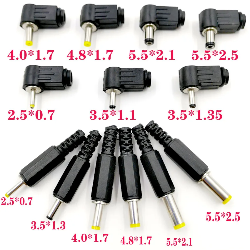 

10PC 5.5x2.5 5.5x2.1 4.8x1.7 4.0x1.7 3.5x1.35 3.5x1.1 2.5x0.7 mm Male DC Power Plug Connector Angle 90 180 degree L Shaped Plugs