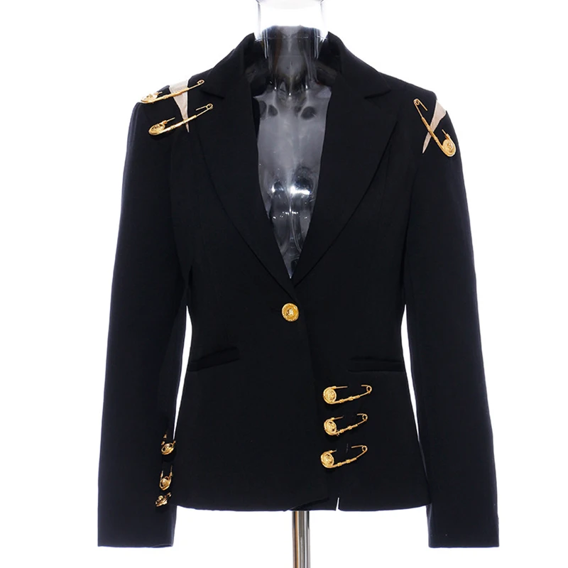 GALCAUR Streetwear Coat For Female Patchwork Metal Pin Buckle Lapel  Collar Long Sleeve High Waist Slimming Women's Coat New