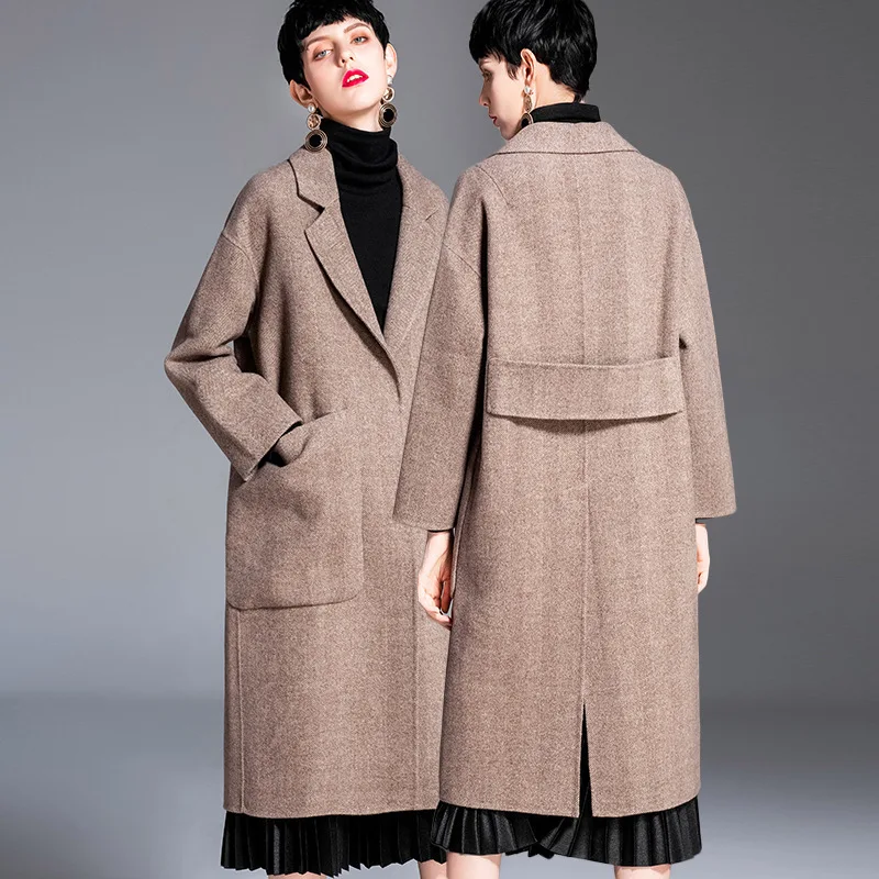 

long woolen blends cashmere coats for women 2019 autumn winter ladies jackets plus size overcoat double sided coffee herringbone