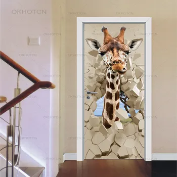 

Modern Art 3D Door Sticker Silly Giraffe View DIY Home Decoration Wallpaper Self Adhesive Wall Sticker Waterproof Mural Decal