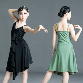 

2020 Kids Latin Dance Clothes Black Suspender Dress Ruffle Fringe Modern Tango Ballroon Practice Performing Latin Dress Summer