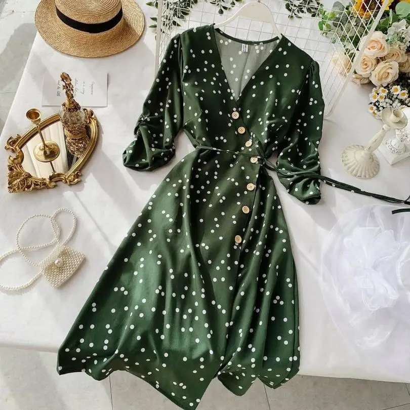 

Taotrees Summer Women Polka Dot V Neck Half Sleeve Single Breasted High Waist A Line Boho Knee-length Dress