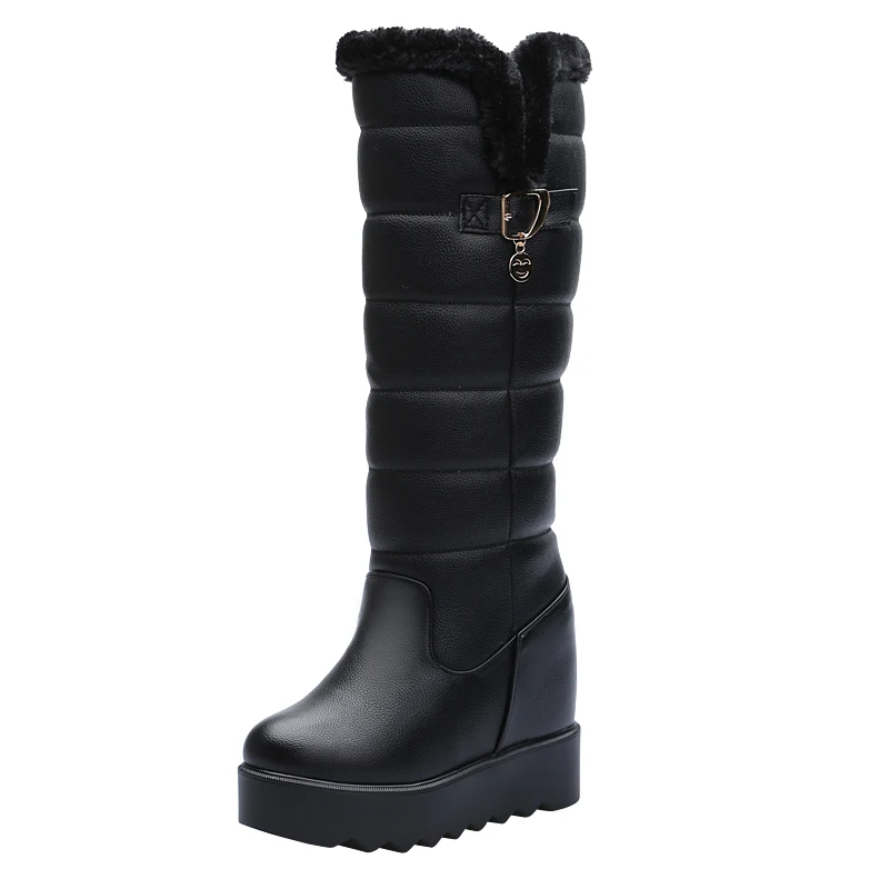 black-3 Winter Mid Calf Snow Boots lining Plush Women High Heels Thick Bottom Shoes Woman Height Increacsing High Tube Boots WB068 - Цвет: black-3