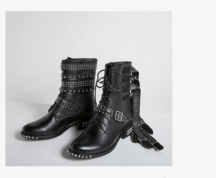 Donna-in/; черные мотоботы с заклепками; женская модная обувь из натуральной кожи в готическом стиле; обувь в стиле панк; ботинки на шнуровке на среднем каблуке; сезон осень-зима