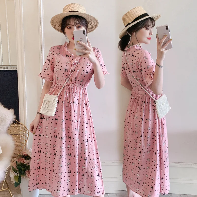 

Pregnant Women Summer Wear Dress 2019 New Style Maternity Clothes Pregnancy Mid-length Short Sleeve Pregnant Women Chiffon Dress