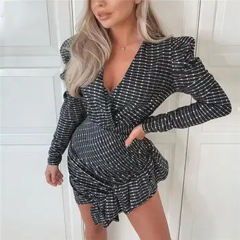 

Puff Sleeve Ruffle Sexy Party Sequin Dress Women Glitter Club Short Bodycon Dress Autumn Winter Black Christmas Dress