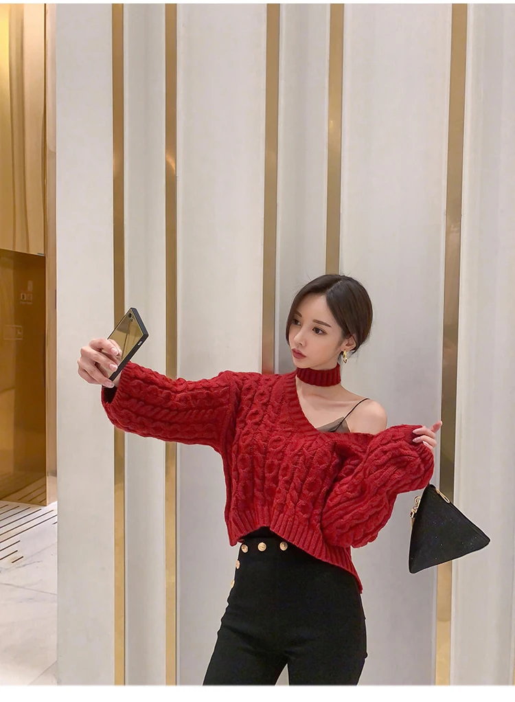 Korean style loose short twist halter sexy strapless ladies temperament long-sleeved knitted sweater