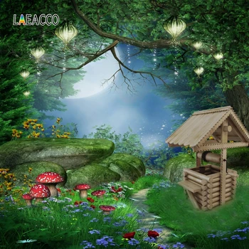 

Laeacco Fairy Tale Forest Scene Photophone Grassland Well Mushroom Flowers Tree Light Photography Backdrops Baby Backgrounds