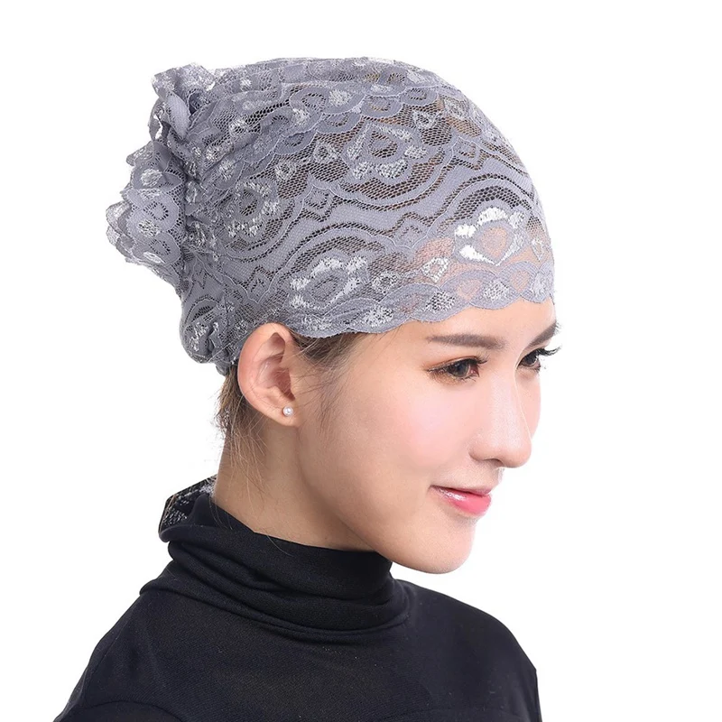 Muslim Stretch Lace Turban Women Headband Ruffle Cancer Chemo Hair Hats Beanie Head Wrap Headwear Workout Cap