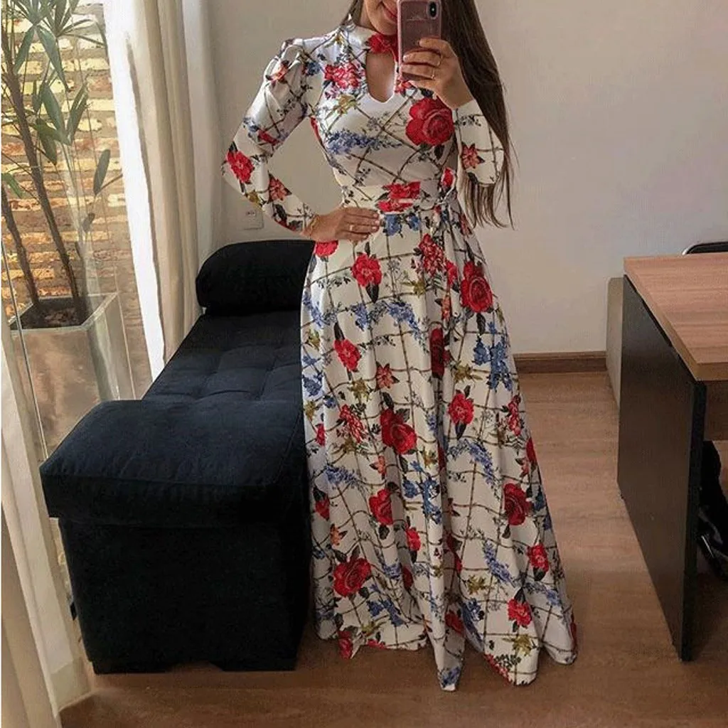 Винтажное длинное платье для женщин, большие размеры, 5XL, 8 цветов, с длинными рукавами, с круглым вырезом, на пуговицах, с цветочным принтом, Осеннее свободное платье для женщин